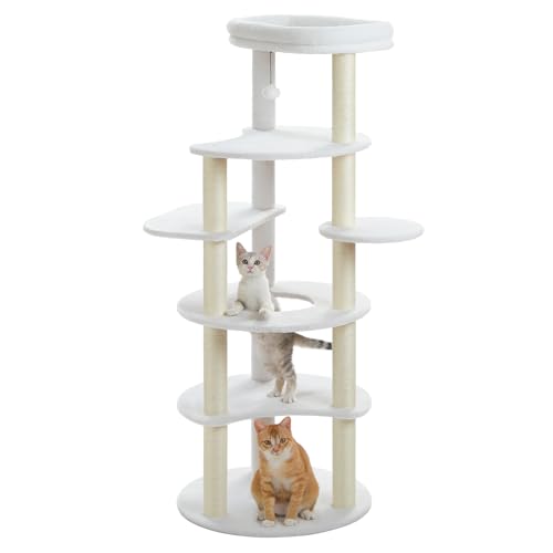 PETEPELA(ぺテぺラ) キャットタワー スリム 大型猫用 猫タワー 多頭飼い おしゃれ かわいい インテリア 据置 麻紐 爪とぎ おもちゃ コンパクト 省スペース 人気 運動不足解消 倒れ防止策 - 高さ154cm ホワイト 白 アイボリー