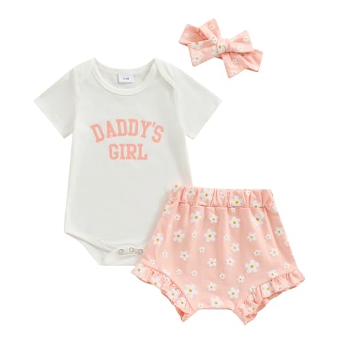 Image of Newborn Baby Girl Clothes Daddys Girl Short Sleeve Romper Daisy Ruffle Shorts Headband 3Pcs Summer Outfit 0-18M