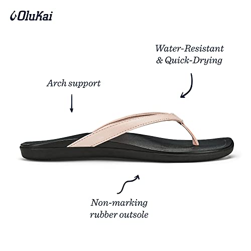 Olukai Ho'opio Women's Beach Sandals, Quick-Dry Flip-Flop, Water Resistant & Modern Low Profile Design, All-Day Comfort Fit, Petal Pink Metallic/Black, 11 #TOP3