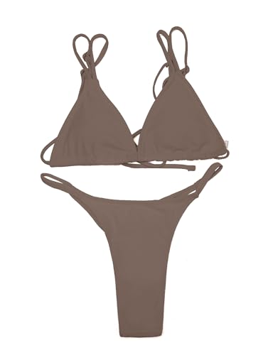 Image of Women's Sexy Thong Bottom Two Piece Bikini Double Shoulder Straps Cute Swimsuit Triangle Bathing Suit