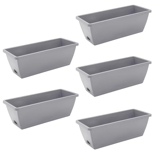 Image of Set of 5 Plastic Trough Plant Pot Long Planter Home Outdoor Garden Window Herb Flower Box Windowsill Patio Bushes Window Box Rippled Effect, Optional Drainage Holes Terracotta (Light Grey)