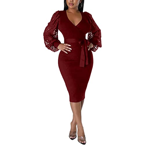 Image of BOGURST Semi Formal Church Dresses for Women Bishop Sleeve Sexy V Neck Bodycon Midi Dresses