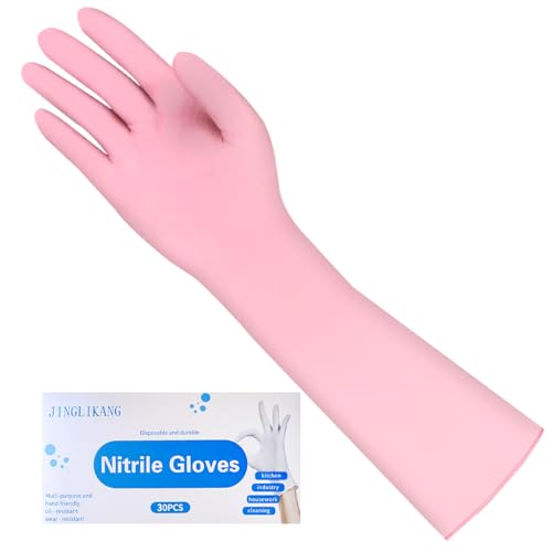 JINGLIKANG Long Sleeves Durable Disposable Nitrile White Gloves 15inch,Household Cleaning Dishwashing Waterproof 30PCS (Pink, S)