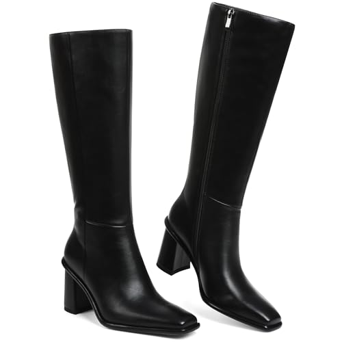 Women's Knee High Boots, Square Toe Chunky Heel Faux Leather Boot Fashion Wide Calf Tall Casual Fall Long Boots with Side Zipper