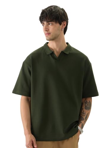 Image of The Souled Store Solids: Pastel Blue Men and Boys Short Sleeves Collared Neck Textured Cotton Blend Oversized Polos