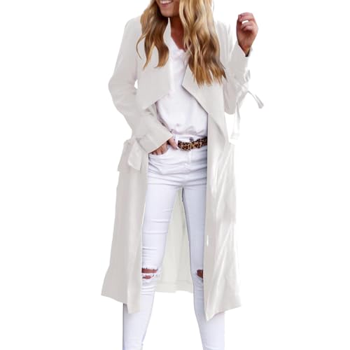Image of Generisch Women Long Trench Coat Open Front Long Sleeve Slim Casual with Pockets Windproof Coat with Belt, White, S