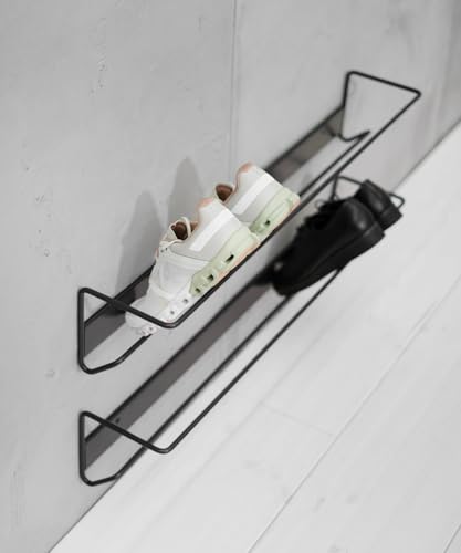 Image of Wall Mounted Shoe Rack (Set of 3) | Space Saving Metal Shoe Organizer | Vertical Entryway Storage | Minimalist Floating Shoe Shelf for Narrow Hallways, Closets & Doors (Black)