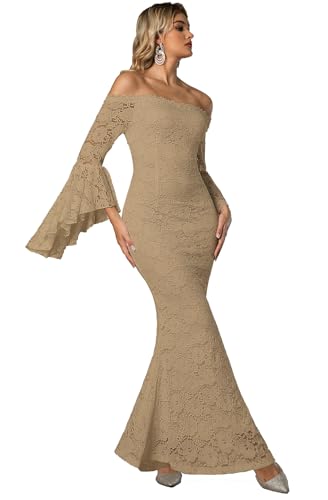 Image of HOYISHION Women's Off The Shoulder Floral Lace Maxi Dress White Bridesmaid Wedding Party Maternity Photoshoot Long Dresses