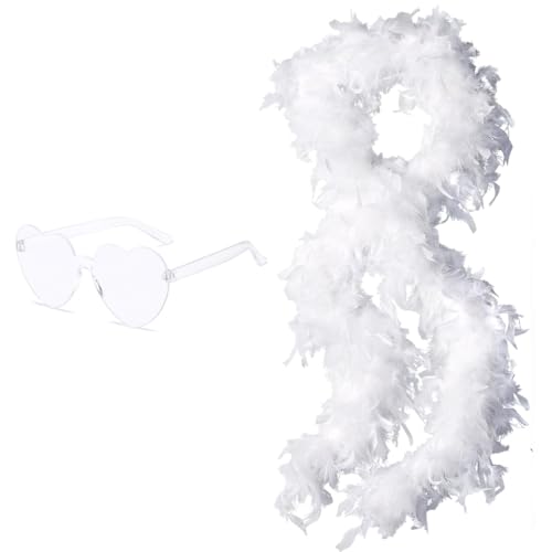 NHPY NHP Federboa,20s Kostüm Damen,mit Herzbrille,2 Stück 1920 Kostüm Damen Zubehör Set,Federboa Weiß,White Swan Kostüm,Flauschige...