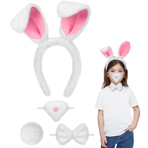 4PCS Accesorios de Disfraz Conejo, Diadema Orejas Conejo Nariz de Conejo Pajarita y Cola, Complementos Disfraz Animal Niños Adultos para Pascua Halloween Carnaval Cosplay Cumpleaños Fiesta Temática