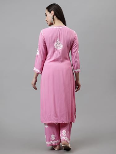 Image of Seva Chikan Hand Embroidered Lucknowi Chikankari Rayon Kurta and Palazzo Set SCL8037