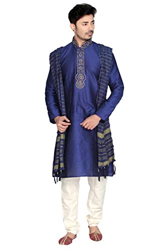 MKP9007 Blue and Ivory Men\'s Kurta Pyjama Indian Suit Bollywood Sherwani (38) - Thumbnail 7