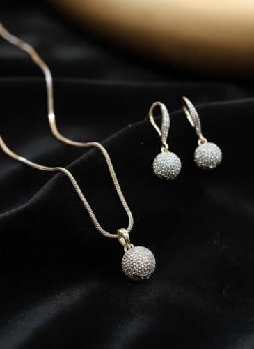 Gold Plated Crystal Pendant Necklace And Drop Earrings Set For Women – Round Pavé Stone Ball Pendant Jewelry Set, Elegant Lightweight Fashion Jewelry For Party, Wedding, Anniversary_5062 image 3