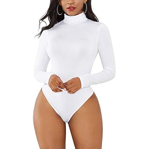 Sunnykud Womens Bodysuit Turtleneck Long Sleeve Stretch Leotard Top Tummy Slimmer Casual Elegant Jumpsuit Underwear Elastic Stylish Tops White Cover