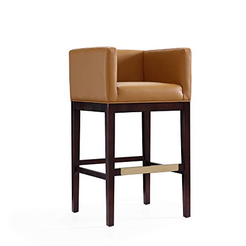 Butaco Manhattan Comfort Kingsley de cuero sintético, diseño moderno de mediados de siglo, madera de haya nogal con reposapiés de metal dorado, completamente ensamblado, altura del asiento 30 pulgadas, juego de 3, color camel miniatura 6