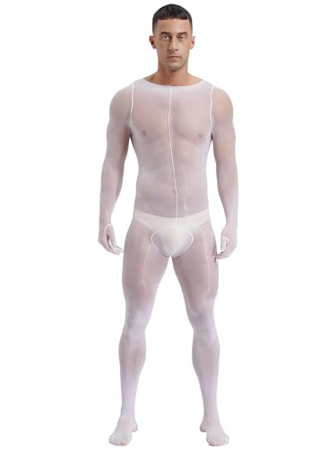 Men's Oil Glossy Full Cover Bodystocking Sheer See Through Footed Tights Pantyhose Jumpsuit