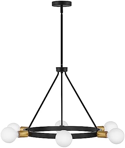Lark Orla 83610BK Medium Single Tier Chandelier, Six-Light Ring, Perfect for Globe Bulbs, Adjustable Height, Black and Lacquered Brass