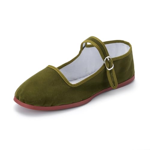 sugarscent Women's Classic Chinese Mary Jane Shoes Slippers China Doll Flats Buckle Slip On Kung Fu Shoes (Olive Velvet, Adult, Women, 8.5, Numeric, US Footwear Size System, Medium)