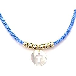 Gargantilla Omega Gargantilla Elástica Rosa o Azul con Colgante de Nácar en Forma de Cruz y Abalorios Chapados en Oro - Collar Mujer con Piedra Natural Ideal para Regalo (Azul)