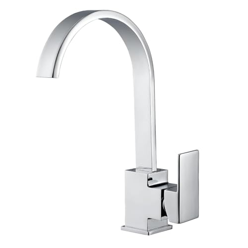 Hapilife Aanrecht kranen mixer massief messing chroom afwerking, moderne vierkante platte uitloop 360 graden draaibare waterval effect monobloc kraan kraan enkele hendel, met flexibele slangen met UK