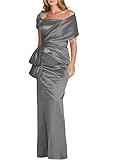 vintys Elegant Satin Mother of The Bride Dress with Pleats Ruched Off Shoulder Formal Evening Gown Mermaid Wedding Guest Dress Size 10 Gray