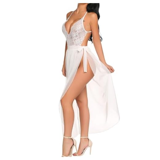 JFAN Nuisette Sexy Femmes Lingerie 2 Pièces Col V Jupe Longue Lingerie en Dentelle sous Vêtements de Nuit Femme de Ménage Lingerie Mignonne Vêtements de Nuit Cadeau de la Saint-Valentin，Blanc L