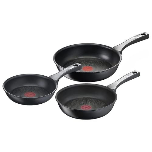 Tefal Unlimited On - Juego de 3 Sartenes 20/24/28 cm | Apto inducción, antiadherente, revestimiento titanio, Thermo-signal, sin PFOA, apto lavavajillas y horno, acero inoxidable