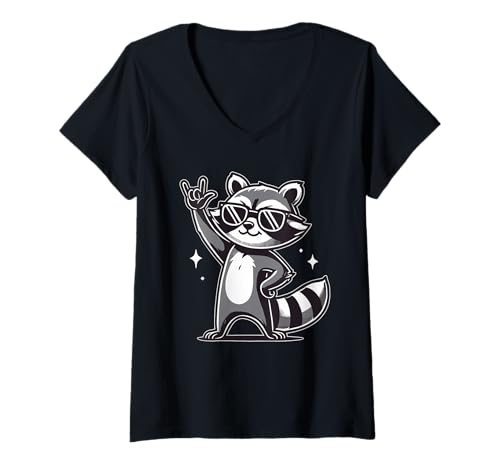Womens Rock Music, Funny Raccoon, Kids & Boys, Rock Hand & Rocker V-Neck T-Shirt