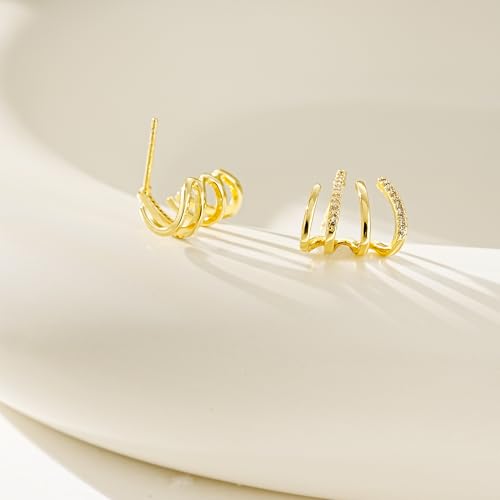 Gold Triple Hoop Illusion Stud Earrings, 14K Chunky Gold Plated Hoop Earrings Cuff Earrings for Women Trendy, Hypoallergenic Earrings Set Jewelry Gift3