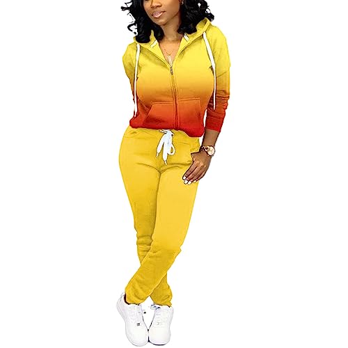 Nimsruc Two Piece Outfits For Women Casual Tracksuit Small B Yellow Red Gradient