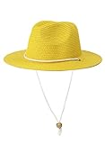 Koreshion Women Straw Panama Hat Summer Wide Brim Fedora Cap Beach Sun Hats UV UPF50+ Yellow