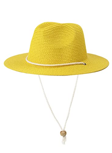 Koreshion Women Straw Panama Hat Summer Wide Brim Fedora Cap Beach Sun Hats UV UPF50+ Yellow