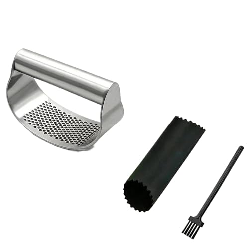 Prensador de ajo de acero inoxidable, picadora manual de ajo y jengibre para cocina (Silver Set)