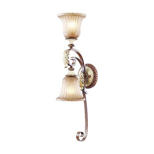 Livex Lighting 8572-63 Villa Verona 2 Light Verona Bronze Finish Wall Sconce with Aged Gold Leaf Accents and Rustic Art Glass