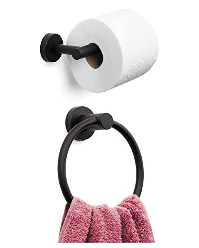 Image of Marmolux Acc 2 PCS Matte Black Bathroom Hardware Set - Hand Towel Holder for Bathroom Wall + Black Toilet Paper Holder Wall Mount | Towel Holder Hanger Rack Stainless Steel Bathroom Set - Towel Rack