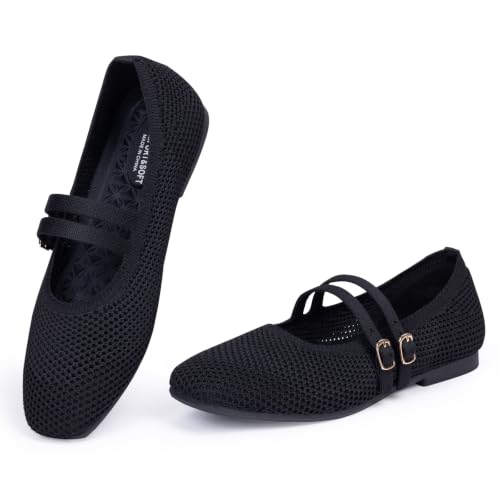Image of Frank Mully Women's Flats Square Toe Mary Jane Shoes Ballet Flats with Strap Comfortable Slip On Knit Shoes Dressy Casual