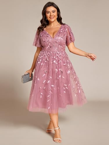 Image of Ever-Pretty Womens Embroidered Tulle Plus Size Cocktail Evening Party Dress A-Line Midi Wedding Guest Dresses for Curvy Women