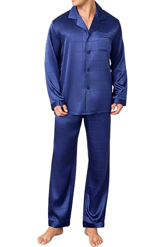 JupiterSecret Mens Silky Satin Pajamas Set Long Sleeve Button-Down Luxurious Pj 2 piece Sleepwear with Long Pants (Blue Plaid,S)
