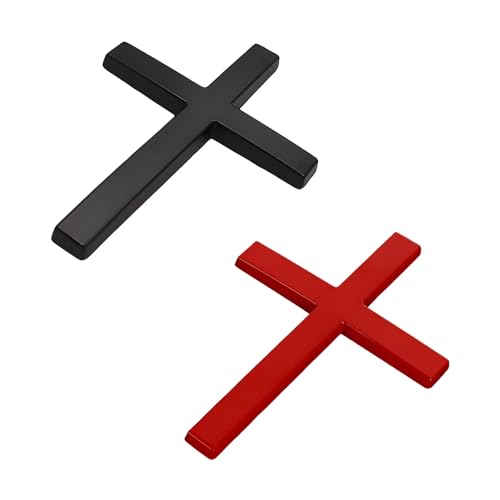 Image of 2 PCS Metal Christian Cross Emblem Stickers, 2.5 inchx1.8 inch Alloy 3D Car Cross Sticker Badge, Self-Adhesive Emblem Decal Decoration for Auto Trunk Tailgate Fenders, Car Exterior Decal (Black+Red)