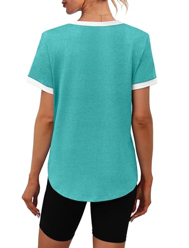 Image of Womens Workout Tops Summer Short Sleeve Shirts Athletic Color Block Gym Clothes Outfits Sun Protection UPF 50+ T Shirts