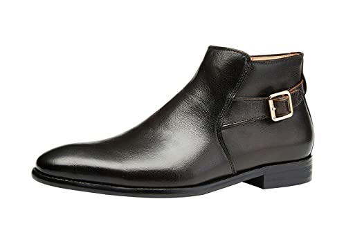 Image of Santimon Mens Ankle Boots Leather Strap Buckle Boots Side Zip Brown Business Dress Casual Boots For Men