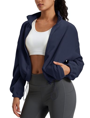 MAGCOMSEN Women's Full Zip Fleece Jacket Cropped Warm Winter Coats with Pockets Stand Collar Workout Top Drawstring Hem2
