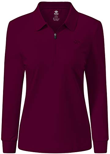 MoFiz Polo Donna Manica Lunga Poloshirt Lavoro Camicia Sportiva Golf Top con Cerniera Rosso Vino XS