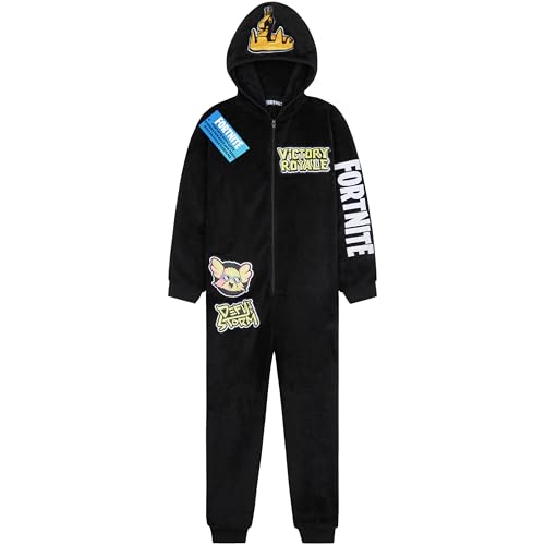 Get Trend Fortnite Pijama Entero Niños Adolescentes Ropa de Dormir con Cremallera Pijamas Polares Todo en Uno Regalos Niños (7-8 Años, Negro)