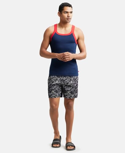 Image of Jockey US27 Men's Super Combed Cotton Rib Square Neck Gym Vest (Shoulder Strap Color May Vary) Navy & Red Pepper M