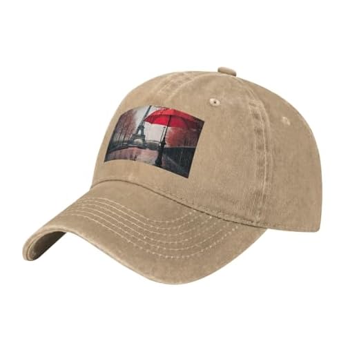 JGHHOUN Eiffel Tower with Red Umbrella Print Breathable Washed Denim Baseball Cap Outdoor Festival Travel Golf Fishing Camping, Natural, One Size