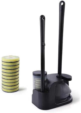 Eyliden Disposable Toilet Brush and Plunger Combo | 2-in-1 Toilet Bowl Wand Kit - 10 Count Pre-Soaked Refill Heads, 3-Step Plunger, Storage Holder - Compact Toilet Cleaning System (Black)
