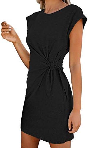LaSuiveur Women’s Casual Bodycon Tie Waist Cap Sleeve T Shirt Dress Black S