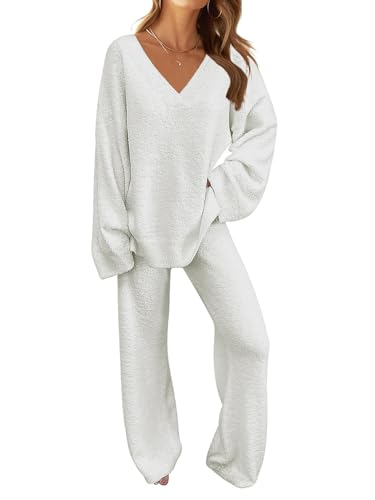 Image of TECREW Women's Fuzzy Fleece Lounge Sets 2 Piece Outfits Long Sleeve Top Wide Leg Pants Pajama Sets