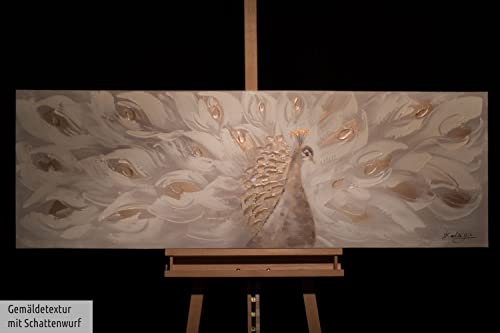 KunstLoft Leinwandbild | 100% HANDGEMALT | 150x50cm | Gemälde 'Legendary' | Pfau | Beige | Wandbild Wohnzimmer